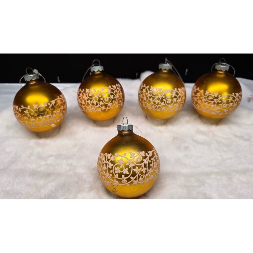 Vintage MCM Shiny Brite Gold and White Mica Stenciled Christmas Ornaments